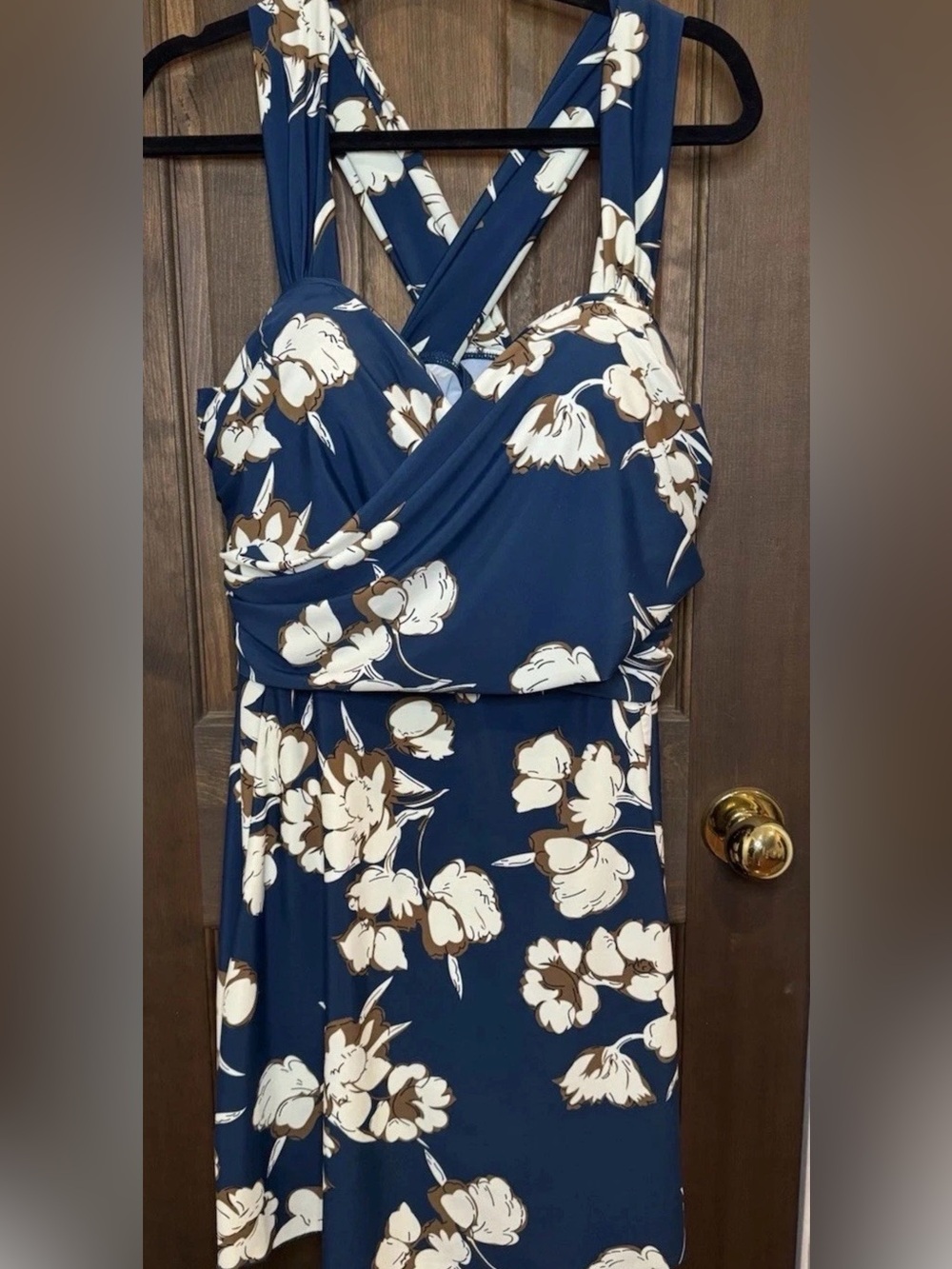 COCOPEAR 5XL Cross Over Swim Dress One Piece Swimsuit Blue Floral Shorts Ruched